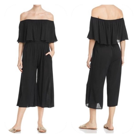 Elan Pants - Black Off Shoulder Cropped Jumpsuit